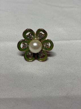 Floral Pearl Statement Ring Green Enamel Adjustable